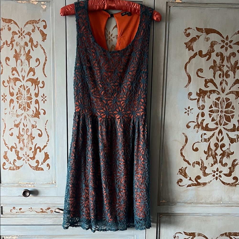 Lace Overlay Dress in Teal and Orange